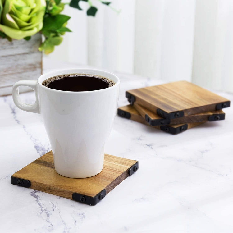 Set of 4, Premium Acacia Solid Wood Square Beverage Coasters with Matte Black Metal Corners-MyGift