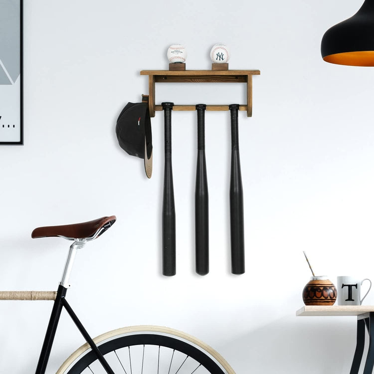 Wall Mounted Baseball Gear Rack, Burnt Wood Hat Rack with Display Shelf, 2 Ball Holder Stands and Cap Glove Hook