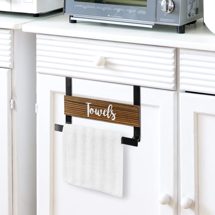 Burnt Wood and Industrial Black Metal Over Cabinet Door Kitchen Hand Towel Bar Hanger Rack with Cursive Writing-MyGift