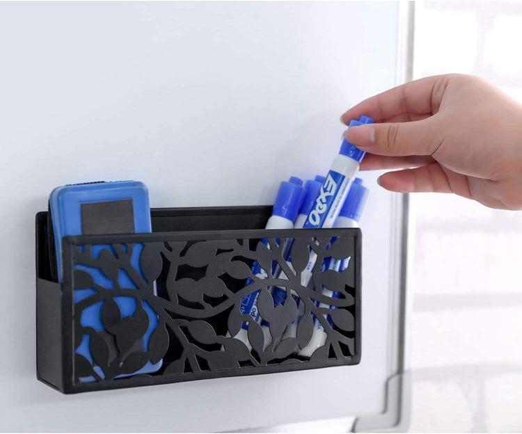 Magnetic Floral Pattern Black Metal Dry Erase Whiteboard Marker Supplies Basket Organizer-MyGift