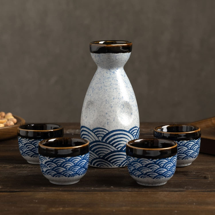 Japanese Glazed Ceramic Sake Set with Oriental Style Blue Ocean Waves Design Includes Serving Carafe and 4 Sake Cups