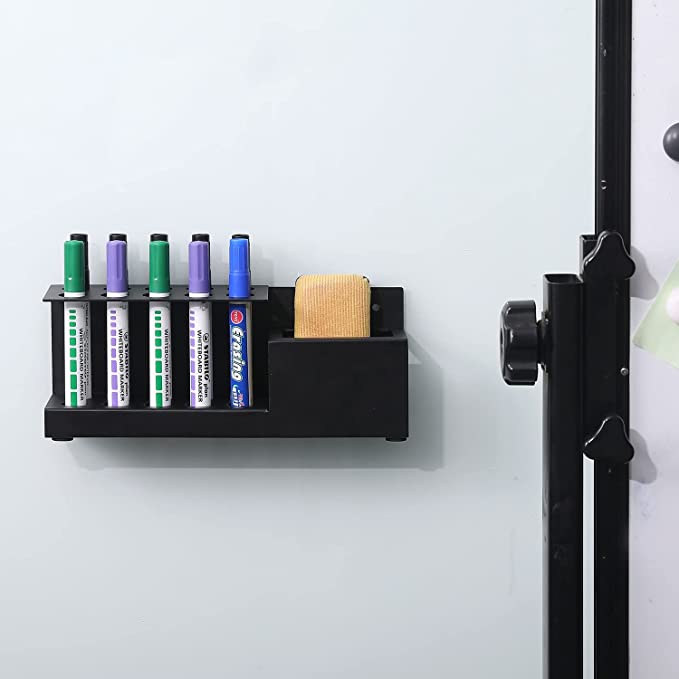 MyGift Modern Dry Erase Marker Holder, Matte Black Metal Wall Mounted Office Whiteboard Accessories and Eraser Organizer Rack
