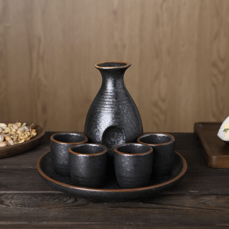 6 Piece Set Black Stone Style Ceramic Japanese Sake Server with Tokkuri Bottle, 4 Ochoko Cups and Round Serving Tray