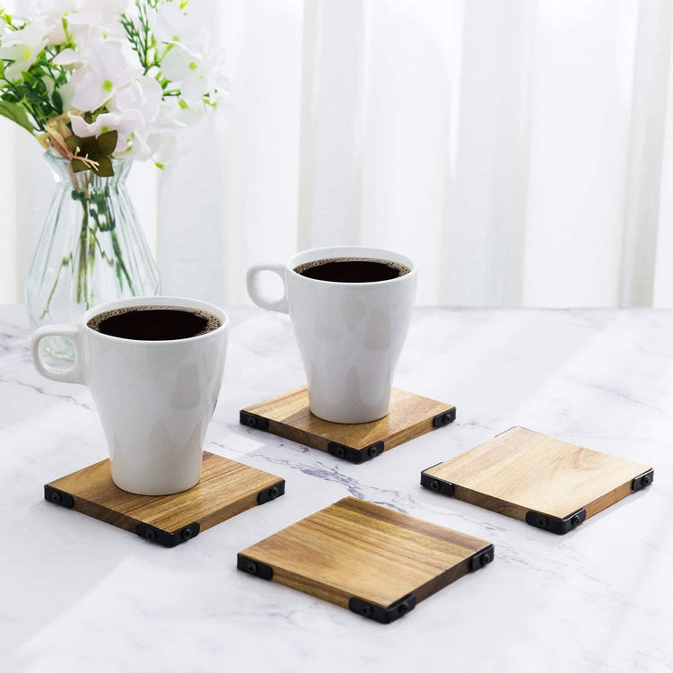 Set of 4, Premium Acacia Solid Wood Square Beverage Coasters with Matte Black Metal Corners-MyGift