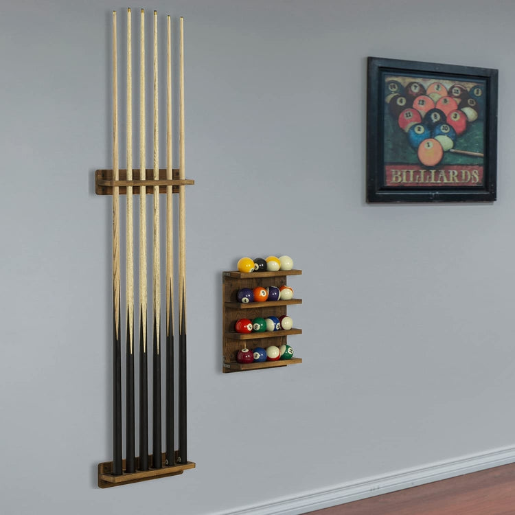 Wall Mounted Dark Brown Wood Pool Cue Stick Holder Rack for 6 Cues with Billiard Ball Storage Shelf, 3-Piece Set-MyGift