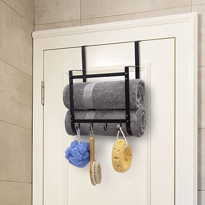 Black Metal Over The Door Rack, Bath Towel Hanging Storage Organizer with 4 Hooks-MyGift