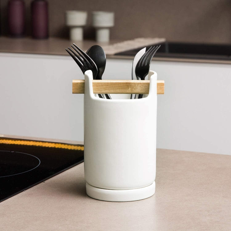 Modern White Ceramic Utensil Crock + Cutlery Caddy with Drainage Tray-MyGift