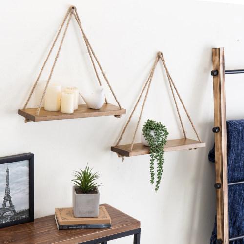 Light Brown Burnt Wood Hanging Rope Shelves, Set of 2