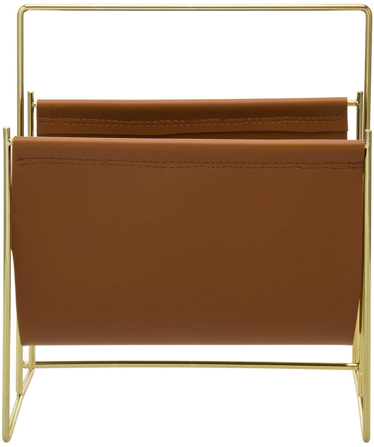 Brass Plated Metal Wire and Caramel Leatherette Sling Rack, Freestanding Magazine Holder-MyGift