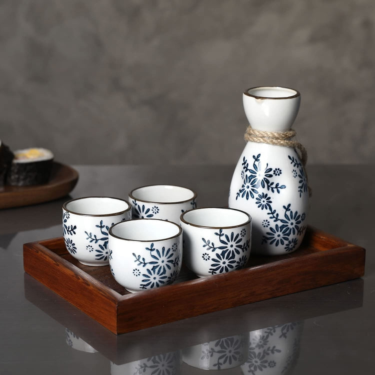 6-Piece Japanese Traditional Style Blue Floral White Ceramic Sake Set with Carafe, 4 Cups, Dark Brown Wood Server Tray-MyGift