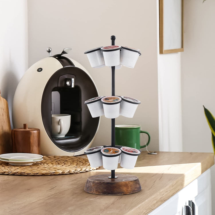 Round Tabletop Coffee Pod Holder, Wood and Black Metal Wire Coffee Station Organizer Stand, Holds 18 Pod Cups-MyGift