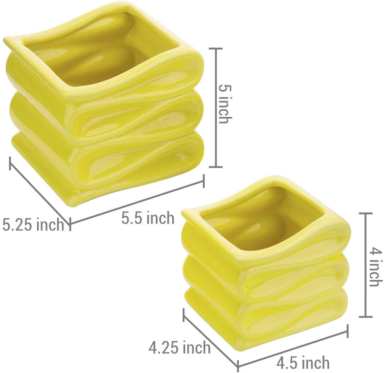 2 Pack of 4 and 5 Inch Modern Decorative Folded Design Yellow Ceramic Flower Succulent Planter Pots-MyGift