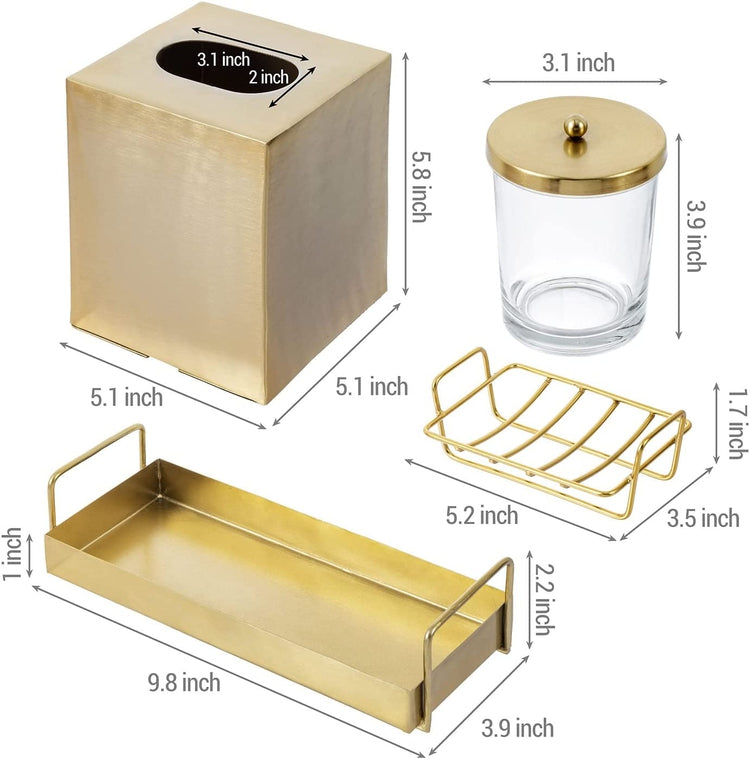 4 Pc Bathroom Accessories Set, Brass Tone Vanity Combo with Tissue Box Cover, Soap Dish, Clear Glass Jar, Vanity Tray-MyGift