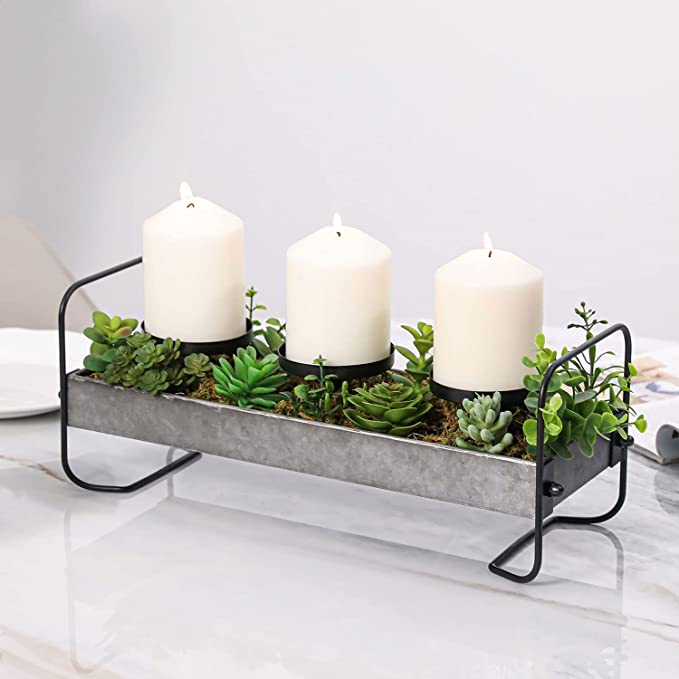 Tabletop Candle Holders, Metal and Matte Black Wire Candle Holder with DIY Artificial Succulents-MyGift