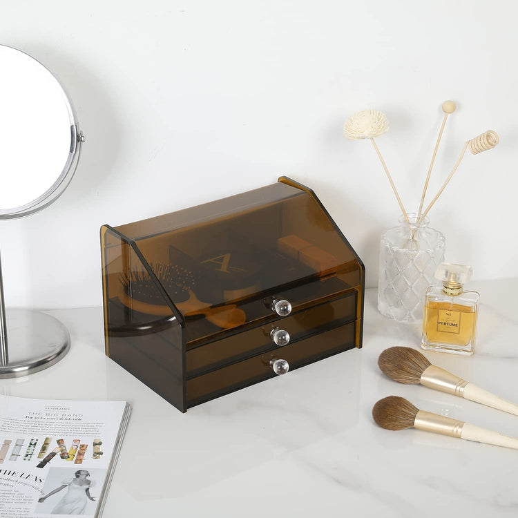 Amber Acrylic Jewelry Box with 2 Velvet Lined Jewelry Drawers, Display Case for Earrings, Rings, Necklaces, Bracelets