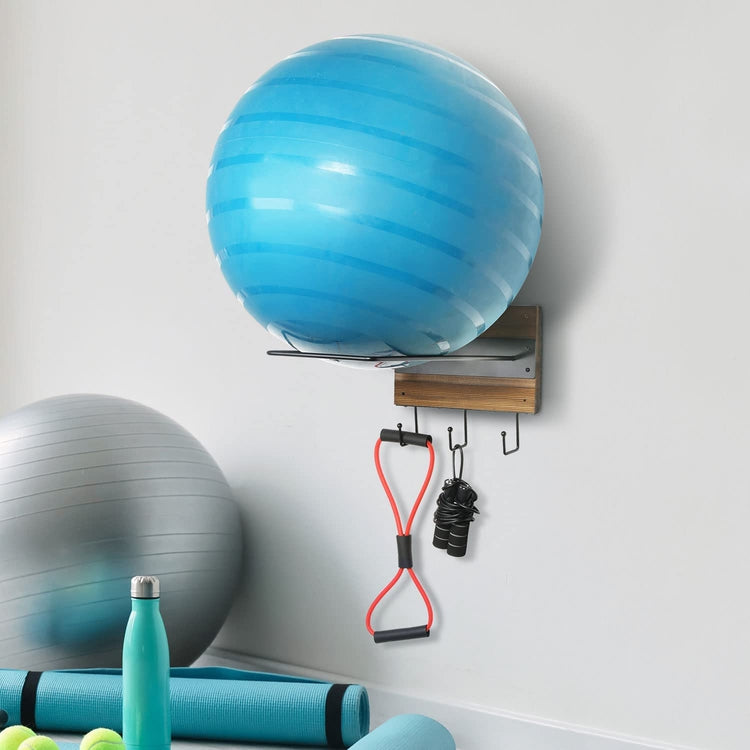 Wood and Black Metal Wall Mounted Exercise Ball Organizer with 3 Bottom Storage Hooks, Medicine Ball Equipment Holder