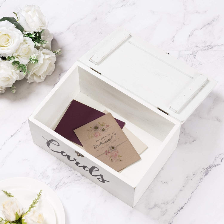 White Wood Wedding Card Holder Box with Slotted Lid and Antique Hinge Lock-MyGift