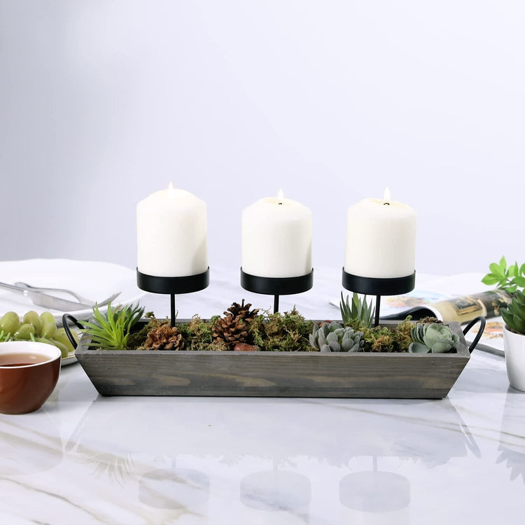 Tabletop Display Candle Holder Centerpiece with Black Metal Pillar Pedestals and Decorative Gray Wood Tray Base