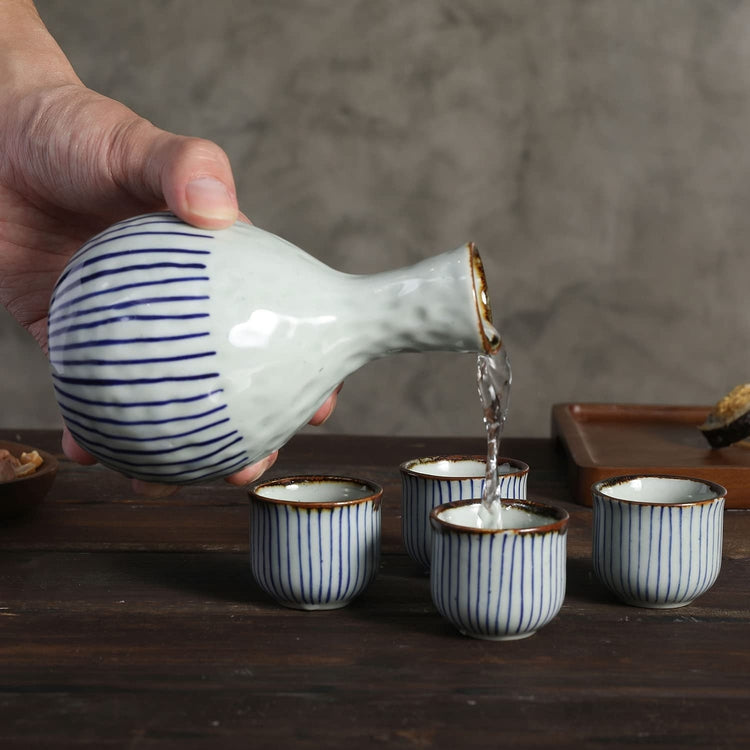 Traditional Japanese Blue Striped Ceramic 5 Piece Sake Set with Serving Carafe and 4 Drinking Cups-MyGift