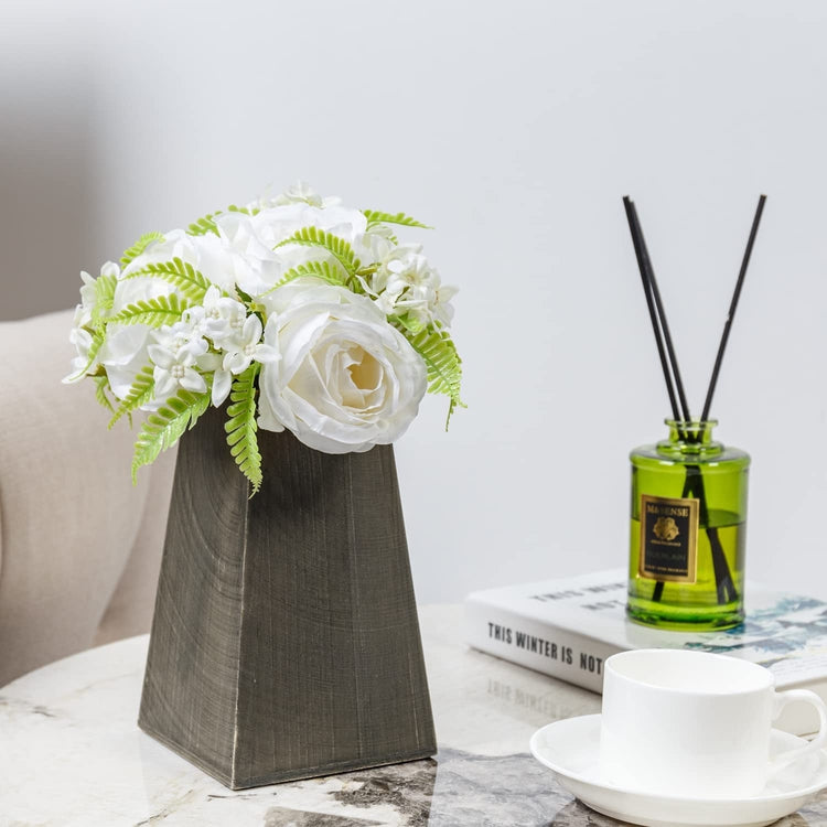 White Artificial Rose Bouquet Arrangement Fake Flowers for Decoration in Gray Brown Tapered Wood Vase-MyGift