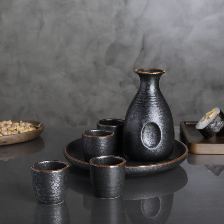 6 Piece Set Black Stone Style Ceramic Japanese Sake Server with Tokkuri Bottle, 4 Ochoko Cups and Round Serving Tray-MyGift