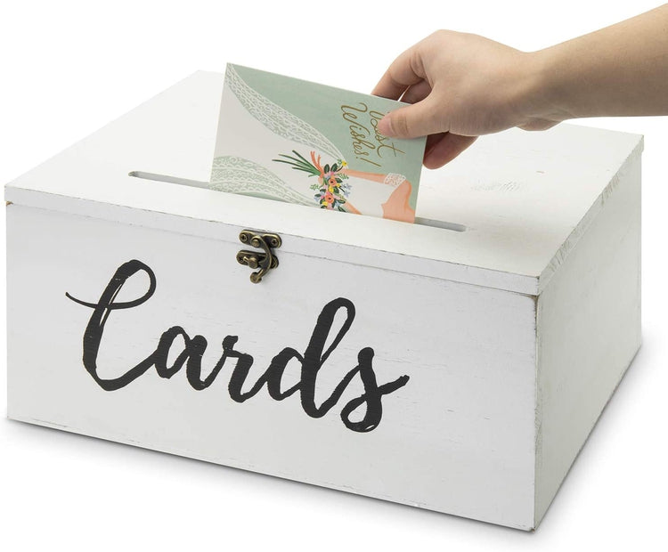 White Wood Wedding Card Holder Box with Slotted Lid and Antique Hinge Lock-MyGift