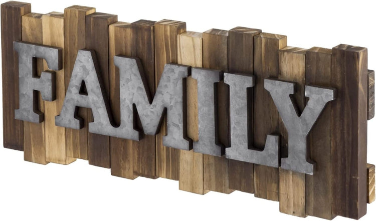 FAMILY Wall Mounted Sign, Wood and Galvanized Metal Embossed Raised Letters, Striped Plaque Art-MyGift