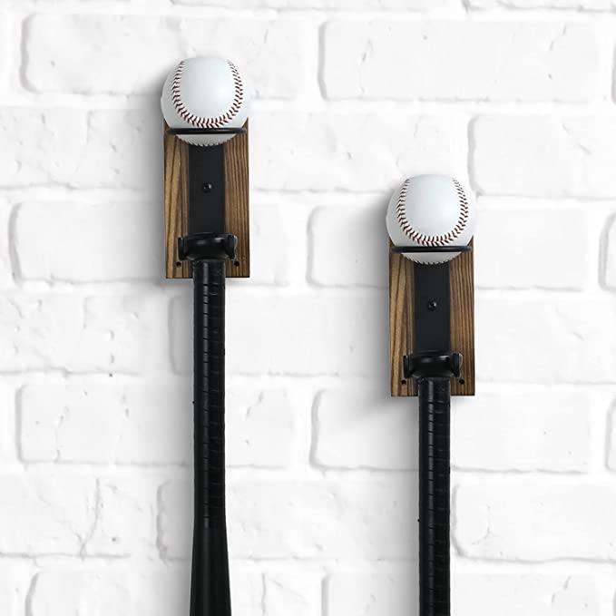 Wall Mounted Burnt Wood & Black Metal Baseball Display Rack with Bat Holder, Set of 2-MyGift