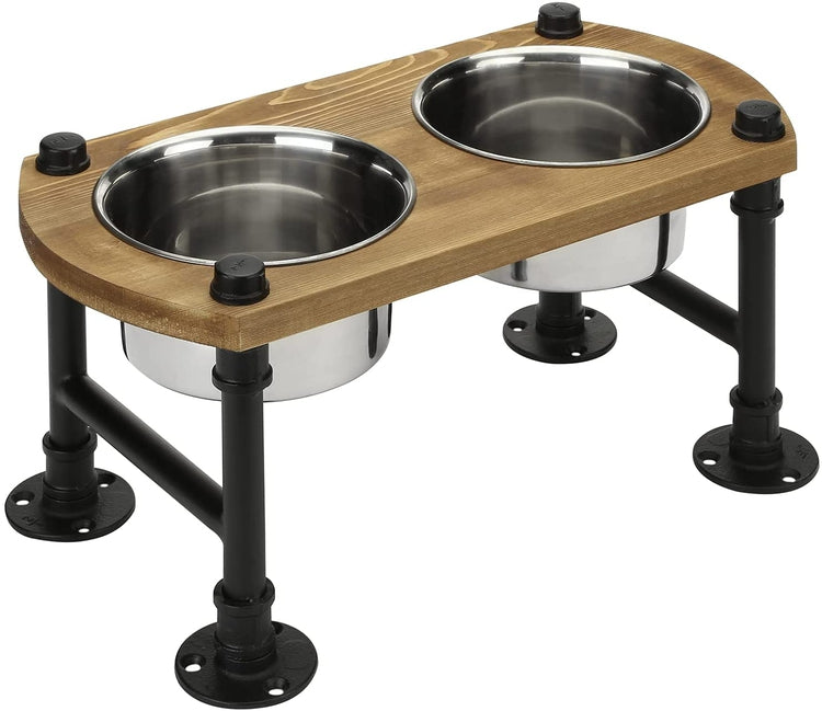 Industrial Burnt Wood and Black Metal Pipe Raised Pet Feeder, 2 Removable Stainless Steel Bowls-MyGift