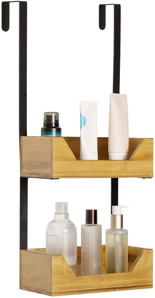 2-Tier Bamboo Over-the-Door Hanging Wall Organizer, Bathroom Accessories Toiletries Storage Caddy with Black Metal Frame-MyGift