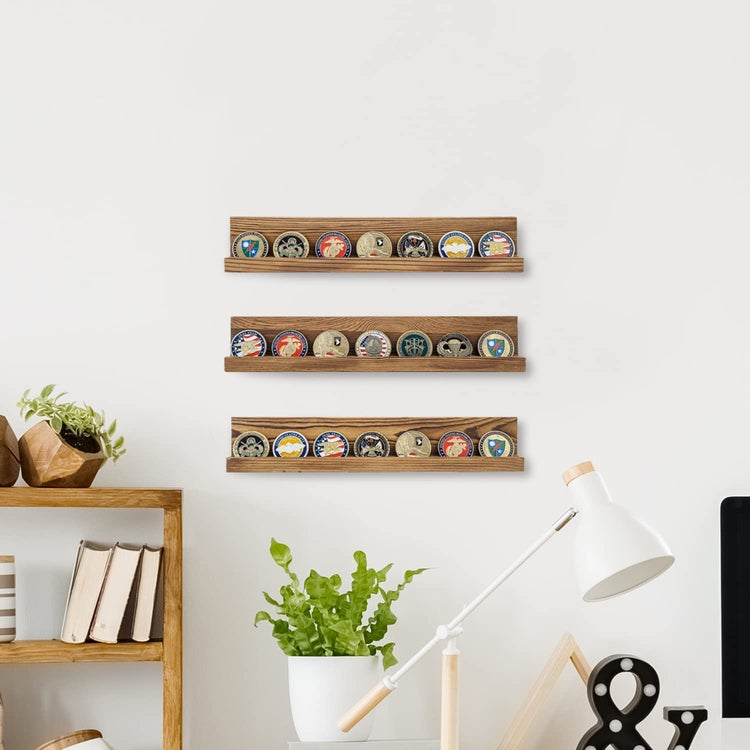 Set of 3, Wall Mounted Dark Burnt Wood, Coin Holder and Casino Chip Display Shelf, One Row Military Coin Showcase Rack-MyGift