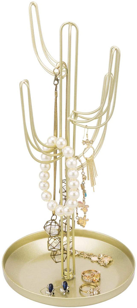 Gold Metal Jewelry Tower Rack with Ring Tray, Cactus-Shaped Jewelry Storage Holder Stand-MyGift