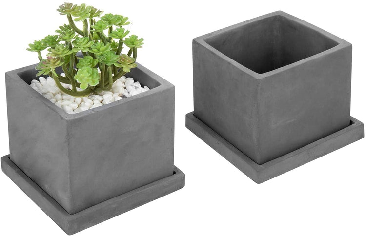 Set of 2, 5-inch Dark Gray Cement Cube Planters with Removable Trays-MyGift