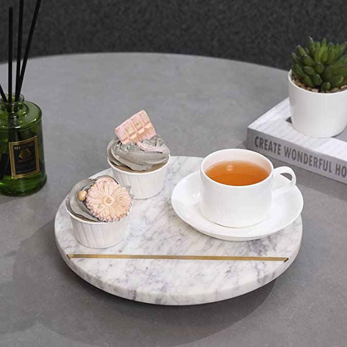 Modern Serving Turntable Tray, Lazy Susan with Brass-Tone Metal Strip Accent
