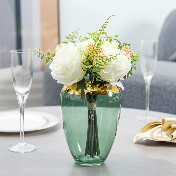 White Rose Artificial Flowers with Green Clear Glass Vase with Brass Accent, Fake Flowers for Decorations
