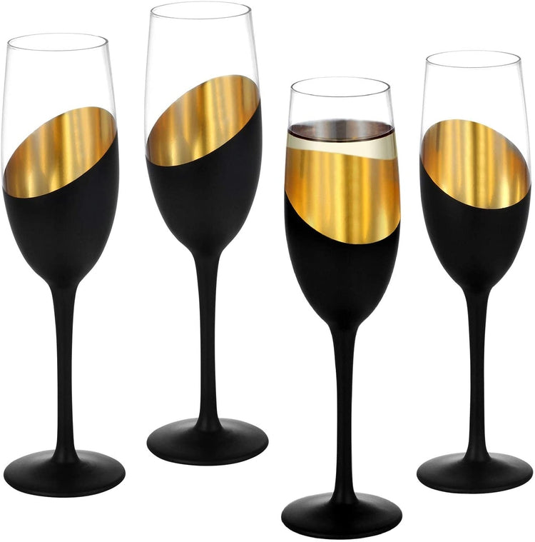 Set of 4, Modern 8 oz Stemmed Champagne Flutes, Black and Gold Plated Drinking Glasses-MyGift