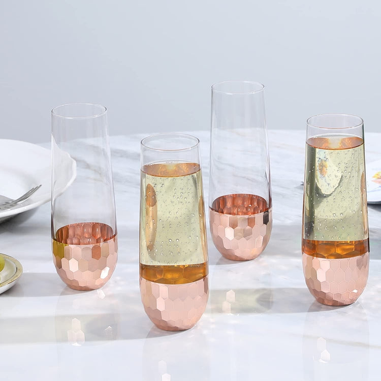 Stemless Champagne Flute Party Glasses with Hammered Style Copper Plated Bottoms, Set of 4