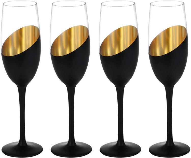 Set of 4, Modern 8 oz Stemmed Champagne Flutes, Black and Gold Plated Drinking Glasses-MyGift