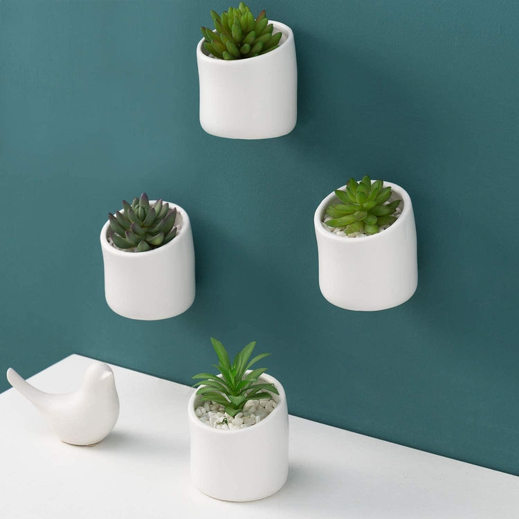 Set of 4, Matte White Ceramic Wall-Mounted Hanging Cylinder Planter Pots-MyGift
