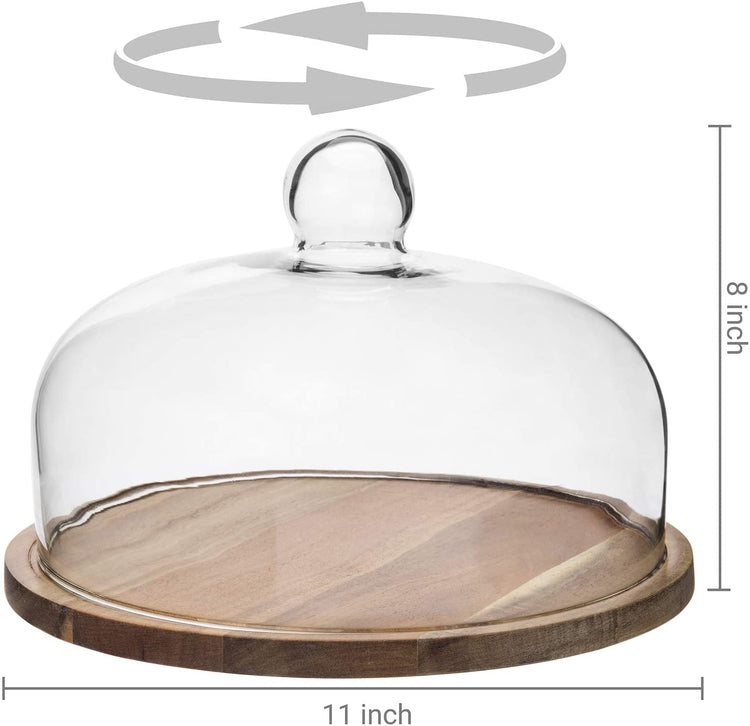 11-inch Round Acacia Wood Turntable Display Stand with Glass Dome Lid-MyGift