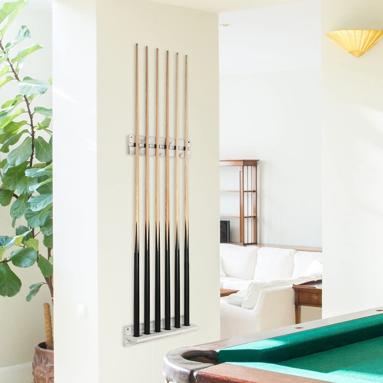 6 Sticks Vintage Whitewashed Wood Billiards Pool Cue Wall Mount Rack with Clips-MyGift
