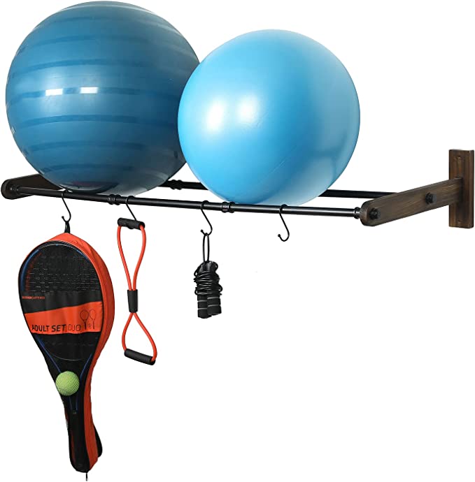 Wall Mounted Black Metal Pipe Yoga Exercise Ball Storage Rack with Rustic Wood Backing & 4 Hanger S-Hooks-MyGift