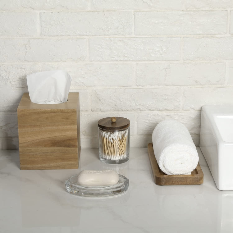 5 Piece Bathroom Vanity Set with Acacia Wood Tissue Box Cover, Tray, Oval Glass Soap Dish, and Cotton Swab Canister-MyGift