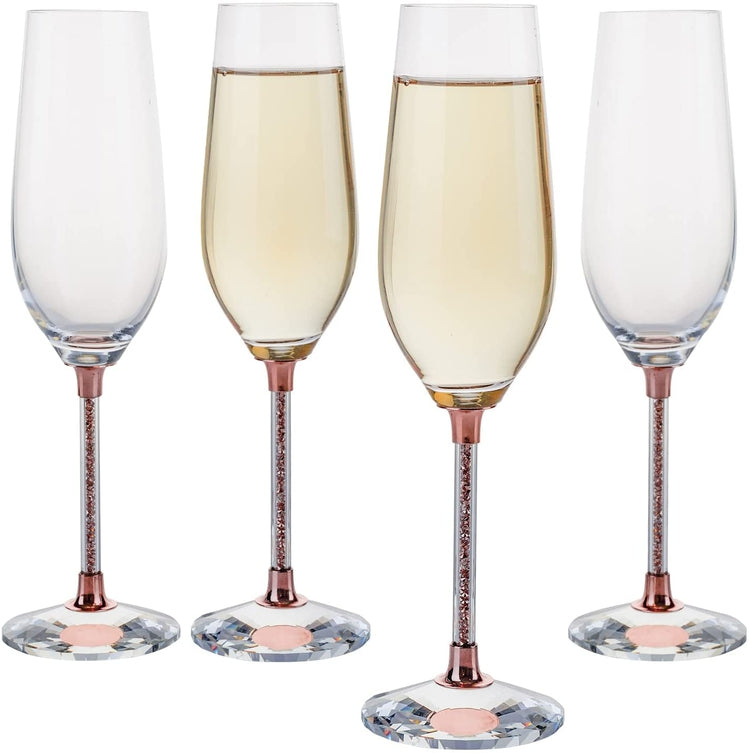 Set of 4, Copper Tone Glass Stemmed Champagne Flutes with Embedded Sparkle Gem Bead Stem Decoration-MyGift