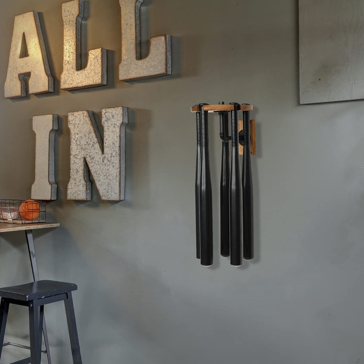 Wall Mounted Baseball Bat Storage Rack, Round Burnt Wood and Industrial Pipe Baseball Bat Hanger