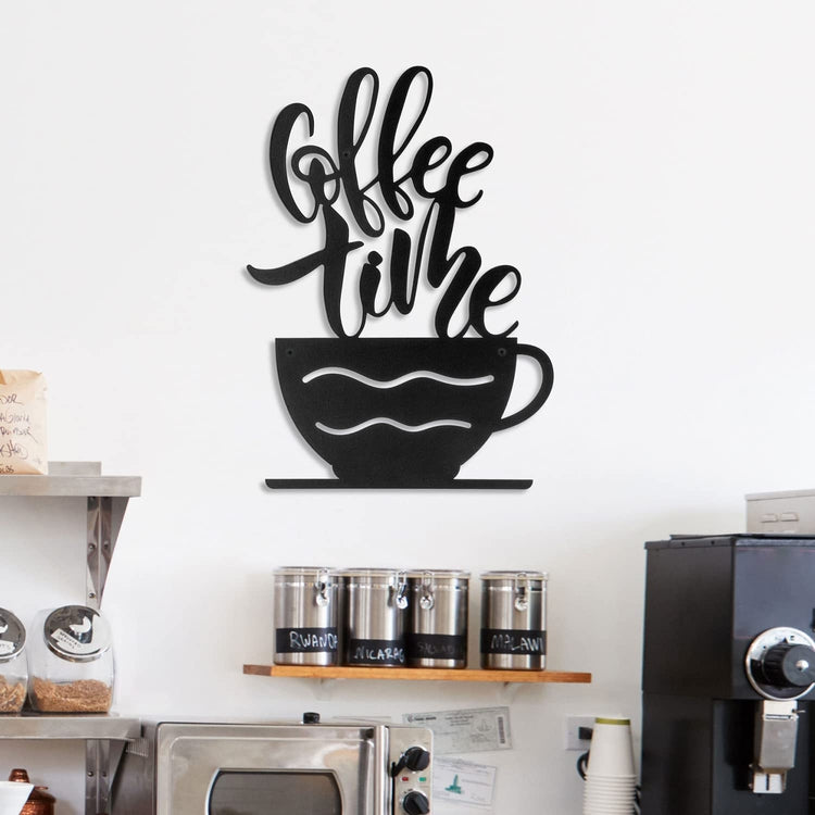 3-D Wall Art, Matte Black Metal Coffee Time Letter Cutout Sign with Coffee Cup, Wall Decor for Kitchen, Cafe, Restaurant-MyGift