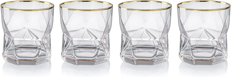 Set of 4, Geometric Shape Design Gold-tone Rimmed Whiskey Tumbler Glasses-MyGift