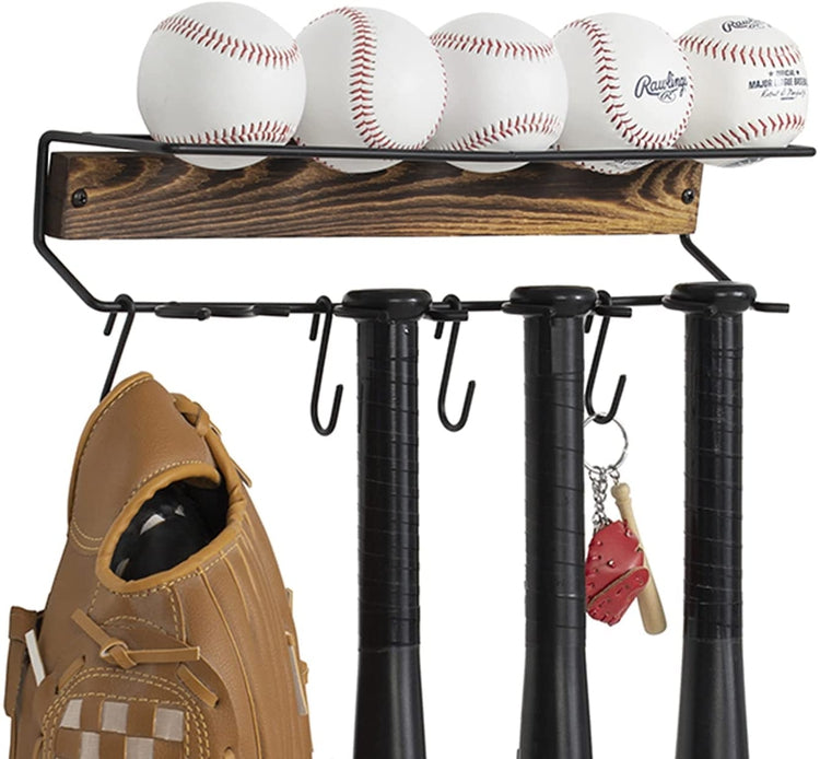 Burnt Wood, Black Metal Baseball Softball Equipment Rack, Bats and Balls Storage Holder, Hooks for Caps, Mitts, Gloves-MyGift