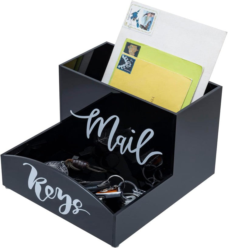 Black Acrylic Mail Holder and Key Organizer Entryway Storage Tray, Desktop Mail Sorter