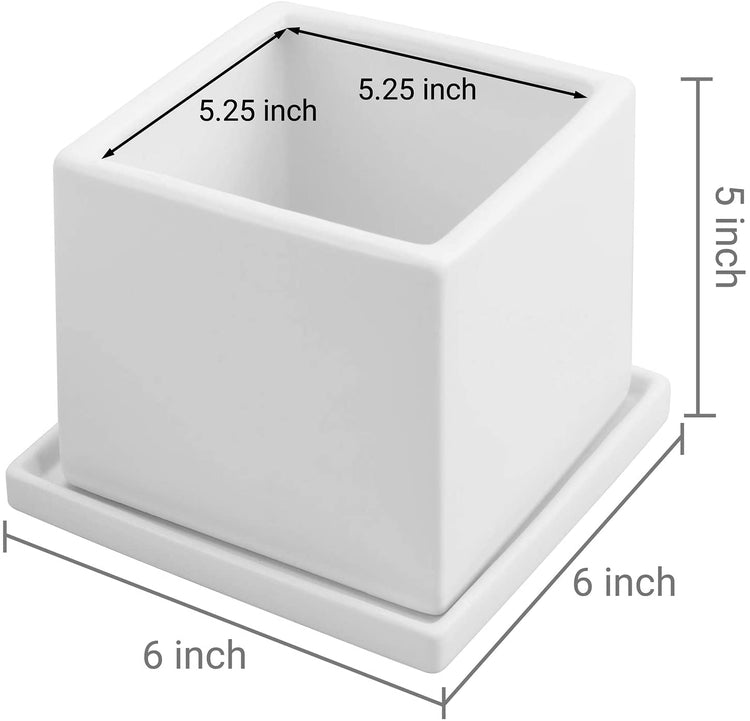 Set of 2 White Square Ceramic Planters with Matching Removable Saucers-MyGift